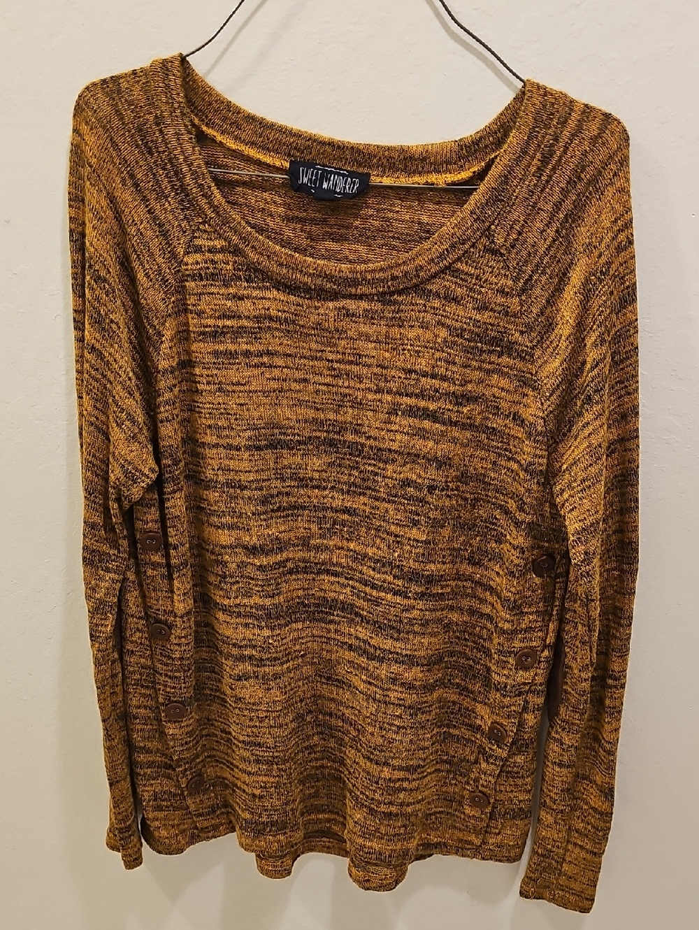 Sweet Wanderer Mustard Marled Scoop-Neck Button-Side Sweater